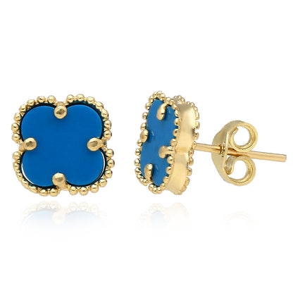 14K Yellow Gold Clover Gemstone Stud Earrings Bezel Set