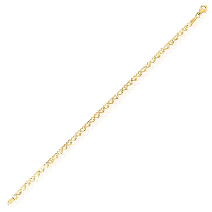14K Yellow Gold 3.2mm Hearts Charm Link Bracelet (Hollow) 7" - WJD Exclusives