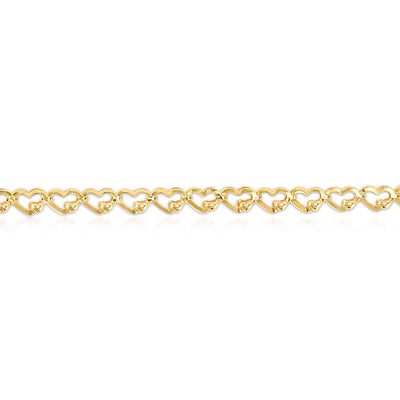 14K Yellow Gold 3.2mm Hearts Charm Link Bracelet (Hollow) 7" - WJD Exclusives