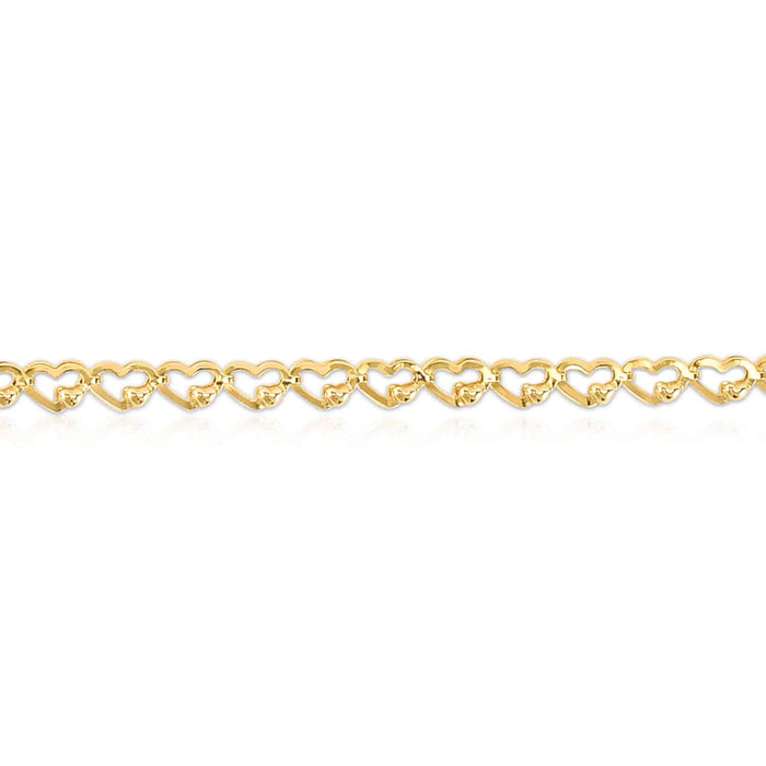 14K Yellow Gold 3.2mm Hearts Charm Link Bracelet (Hollow) 7" - WJD Exclusives