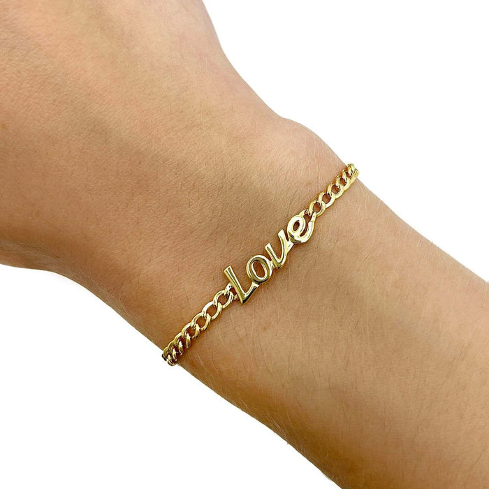14K Yellow Gold Cuban "Love" Script Charm Bracelet (Hollow) 7" - WJD Exclusives