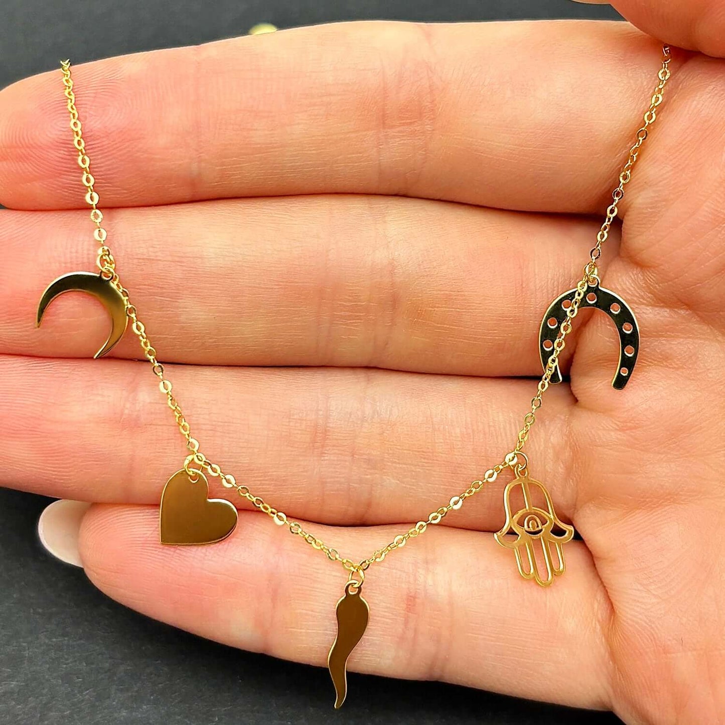 14K Gold Horseshoe Hamsa Horn Heart Moon Charms Necklace 16"-18" Adjust.