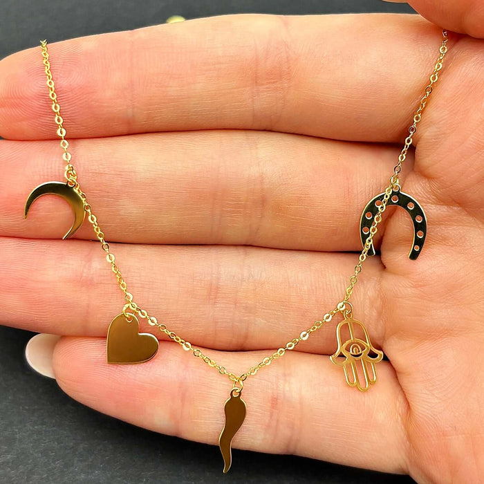 14K Yellow Gold Horseshoe Hamsa Horn Heart Moon Charms Necklace (Solid Links) 16" - 18" Adjustable - WJD Exclusives