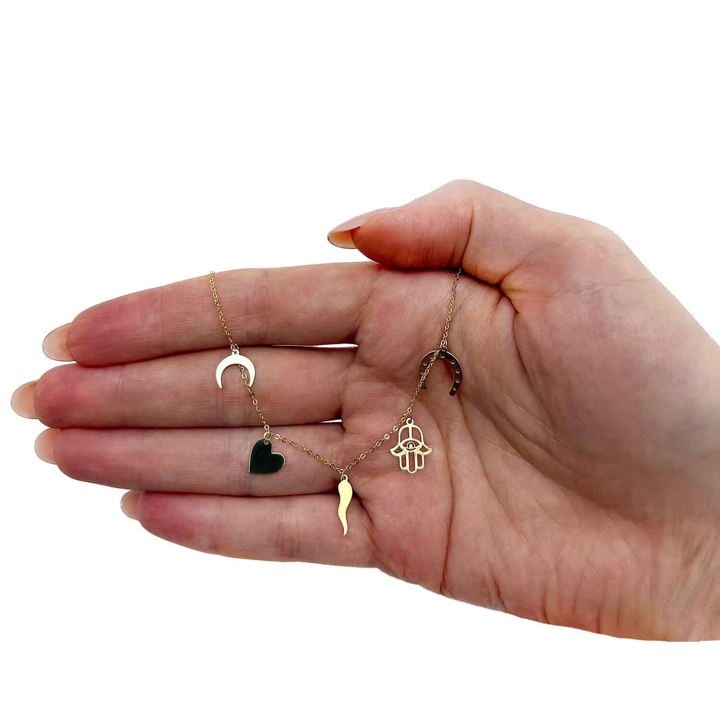 14K Gold Horseshoe Hamsa Horn Heart Moon Charms Necklace 16"-18" Adjust.