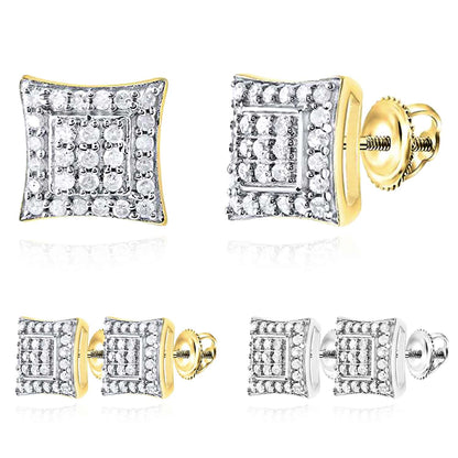0.23CTW Real Diamond White Yellow Gold Over Silver Square Stud Earrings 7.3mm