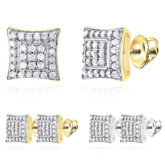 0.23CTW Real Diamond White Yellow Gold Over Silver Square Stud Earrings 7.3mm