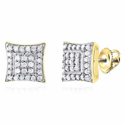 0.23CTW Real Diamond White Yellow Gold Over Silver Square Stud Earrings 7.3mm