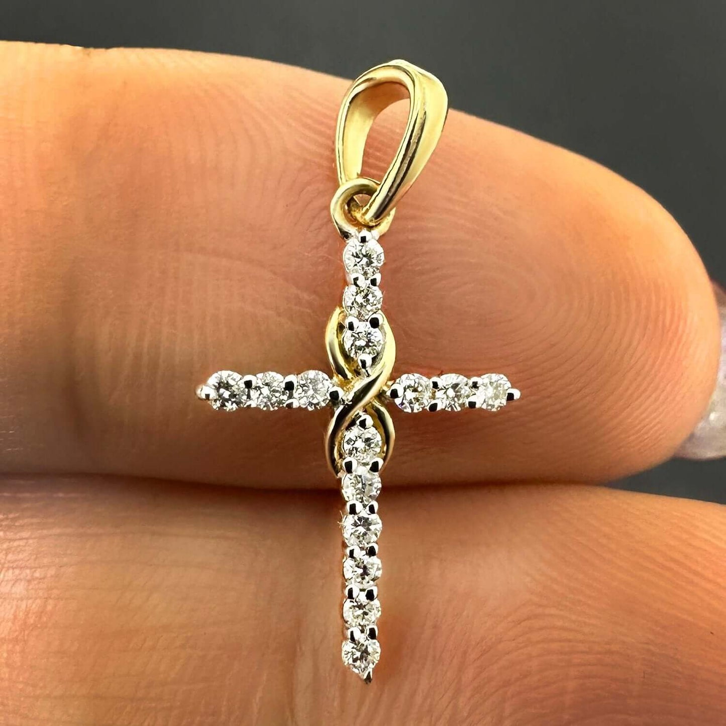 0.16CTW Real Diamond 10K Real Gold White Rose Infinity Cross Pendant 0.85"