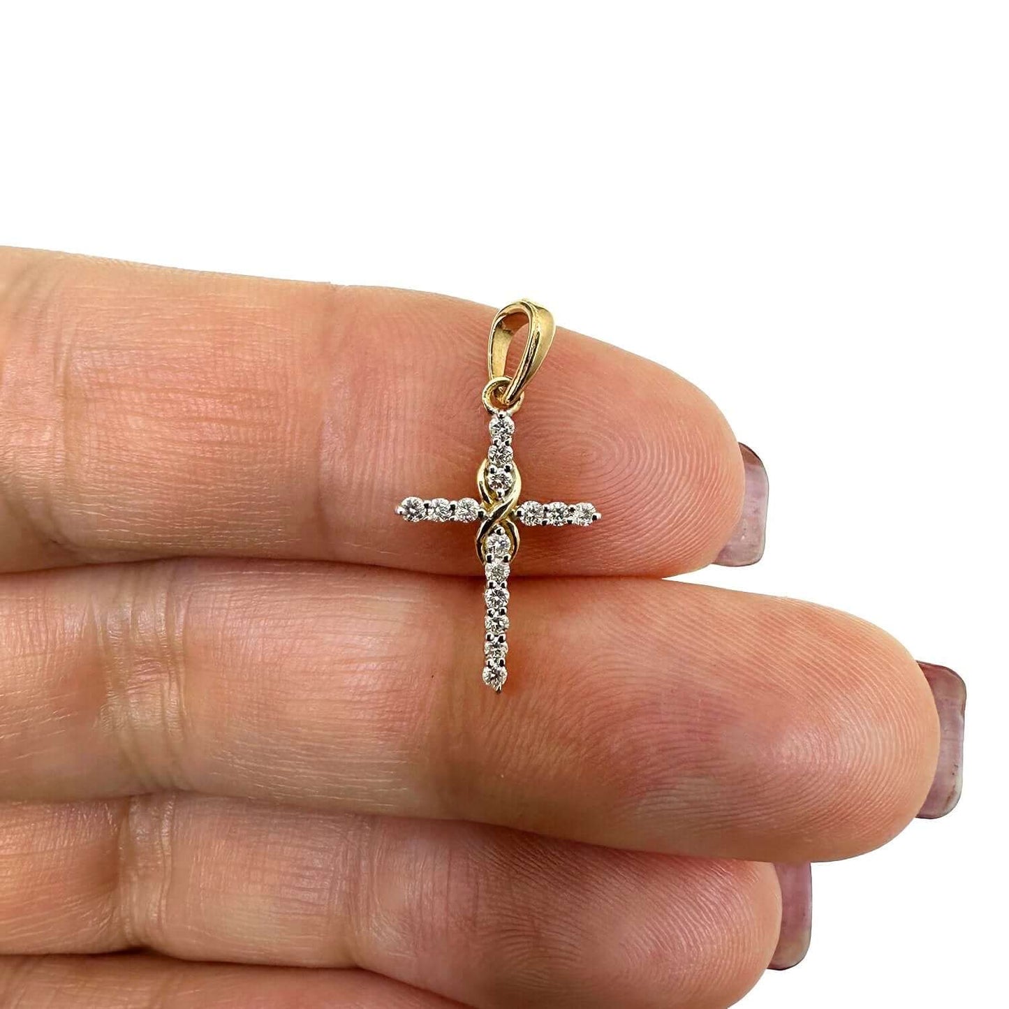 0.16CTW Real Diamond 10K Real Gold White Rose Infinity Cross Pendant 0.85"