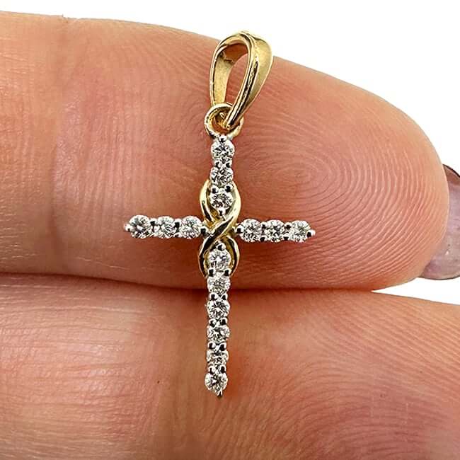 0.16CTW Real Diamond 10K Real Gold White Rose Infinity Cross Pendant 0.85"