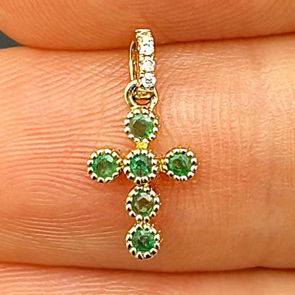 0.11CTW Real Diamond Emerald 14K Real Gold Round Cross Pendant 0.55"