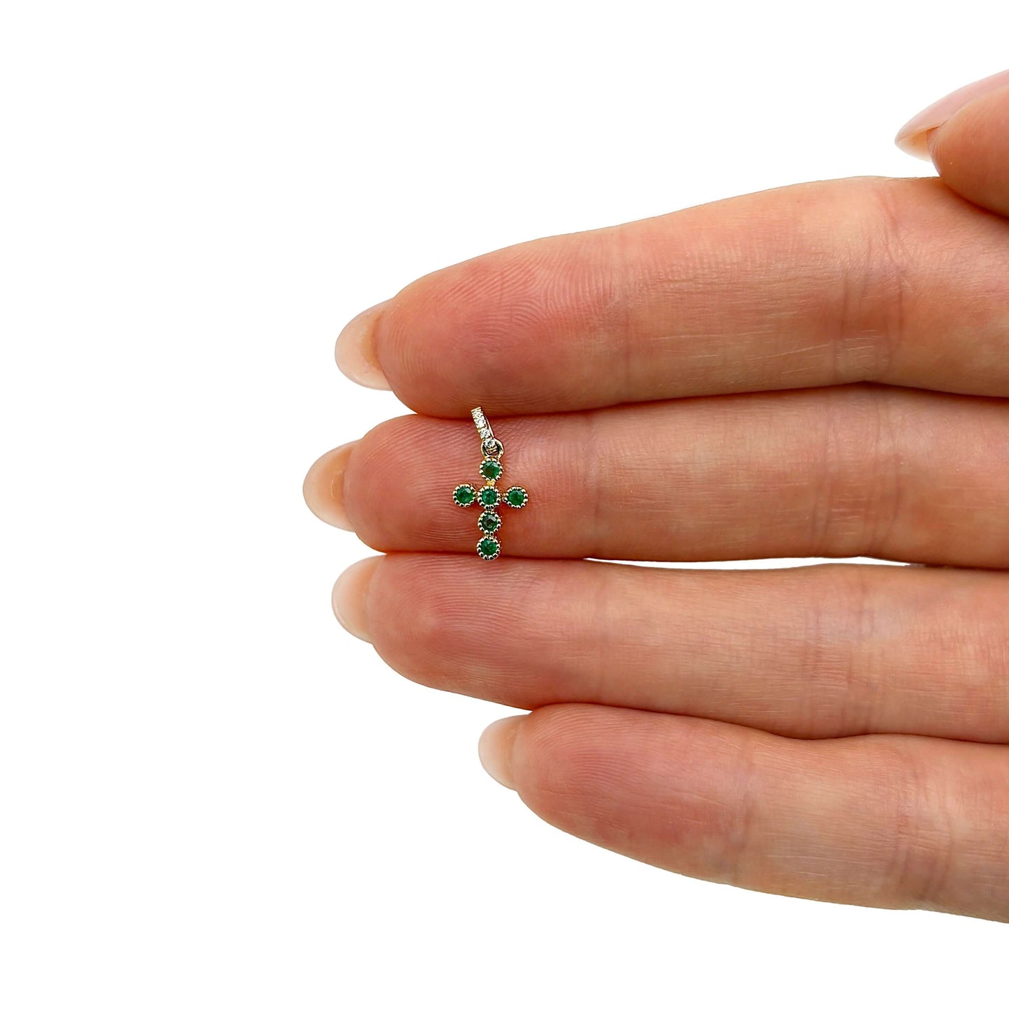 0.11CTW Real Diamond Emerald 14K Real Gold Round Cross Pendant 0.55"