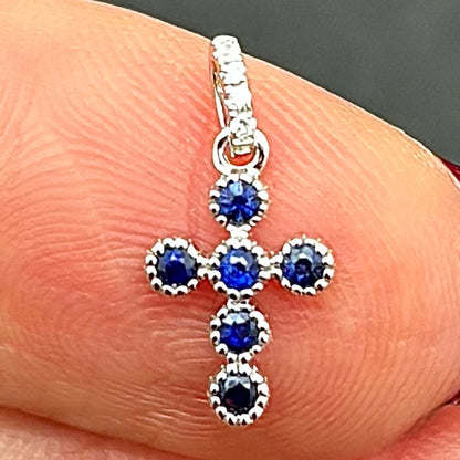0.11CTW Real Diamond Sapphire 14K White Gold Round Cross Pendant 0.55"