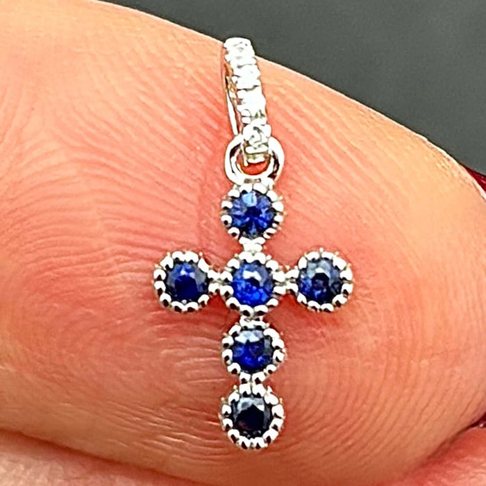 0.11CTW Natural Diamond Sapphire 14K White Gold Round Cross Pendant 0.55" - WJD Exclusives