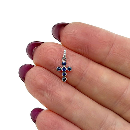 0.11CTW Real Diamond Sapphire 14K White Gold Round Cross Pendant 0.55"