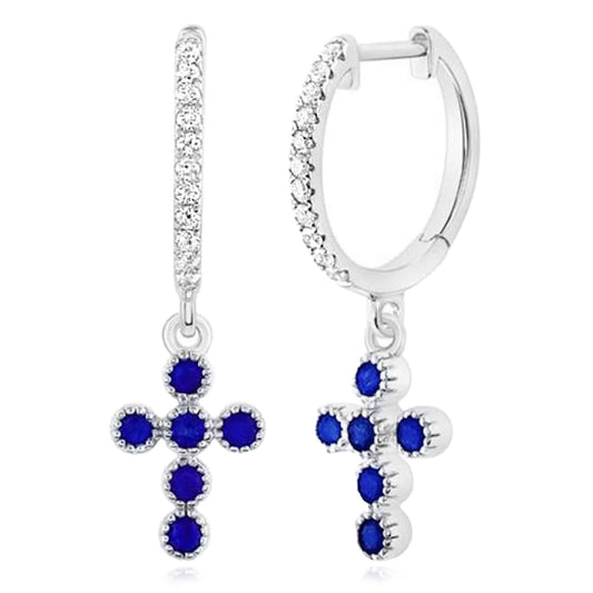 0.10CTW Real Diamond 14K Real Gold Blue Sapphire  Cross Earrings 23mm
