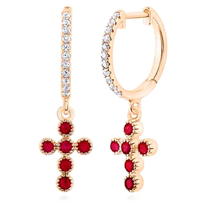 0.10CTW Natural Diamond 14K Rose Gold Red Ruby Cross Earrings 23mm - WJD Exclusives