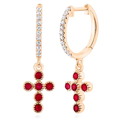 0.10CTW Real Diamond 14K Rose Gold Red Ruby Cross Earrings 23mm