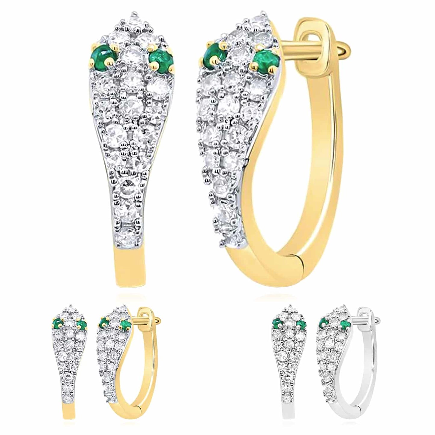 Real Diamond Emerald 14K Real Gold Yellow White Serpentine Snake Hoop Earrings