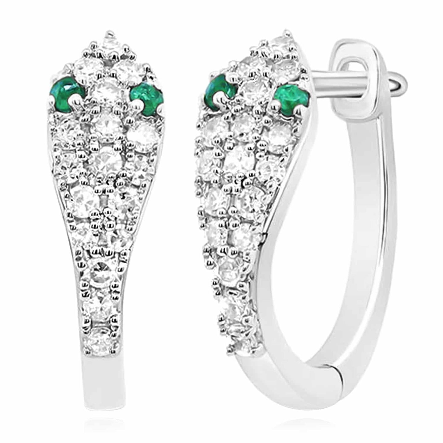 Real Diamond Emerald 14K Real Gold Yellow White Serpentine Snake Hoop Earrings