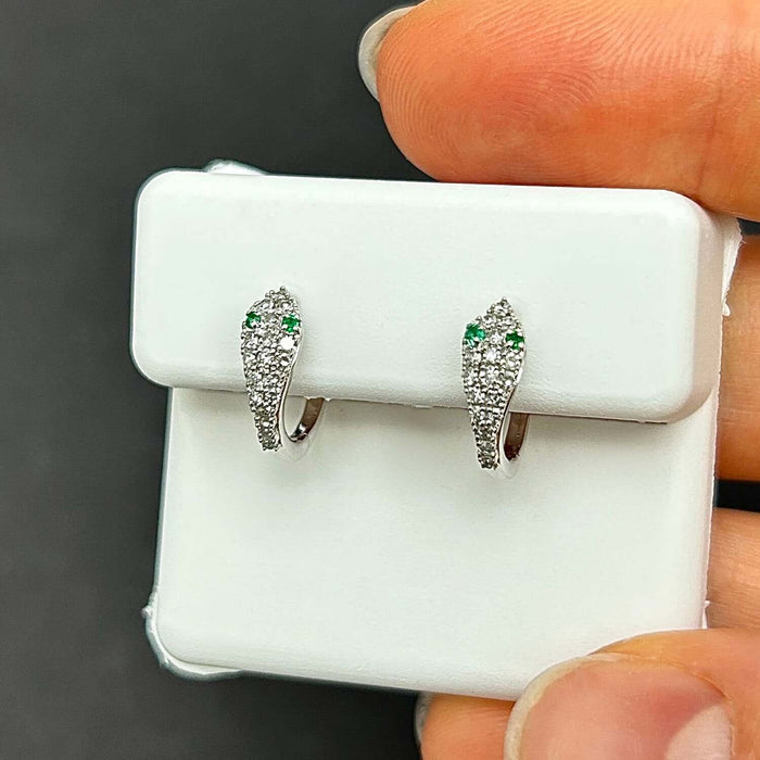 Natural Diamond Emerald 14K Yellow Gold White Serpentine Snake Hoop Earrings - WJD Exclusives