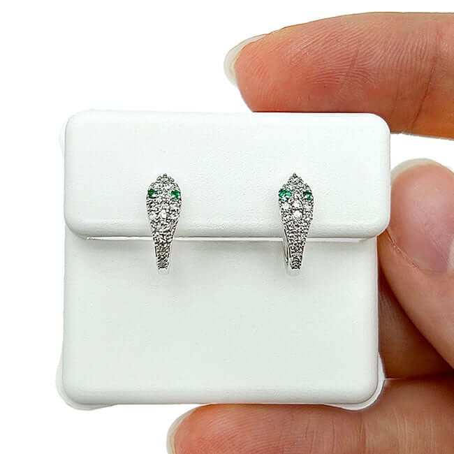 Natural Diamond Emerald 14K Yellow Gold White Serpentine Snake Hoop Earrings - WJD Exclusives