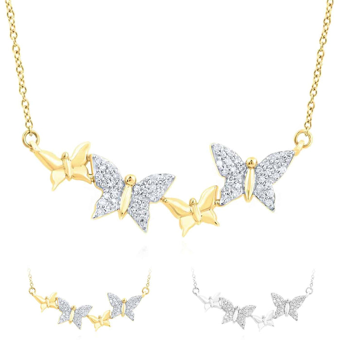 0.25CTW Natural Diamond 10K Yellow White Gold Butterfly Necklace (Solid Links) 18" - WJD Exclusives