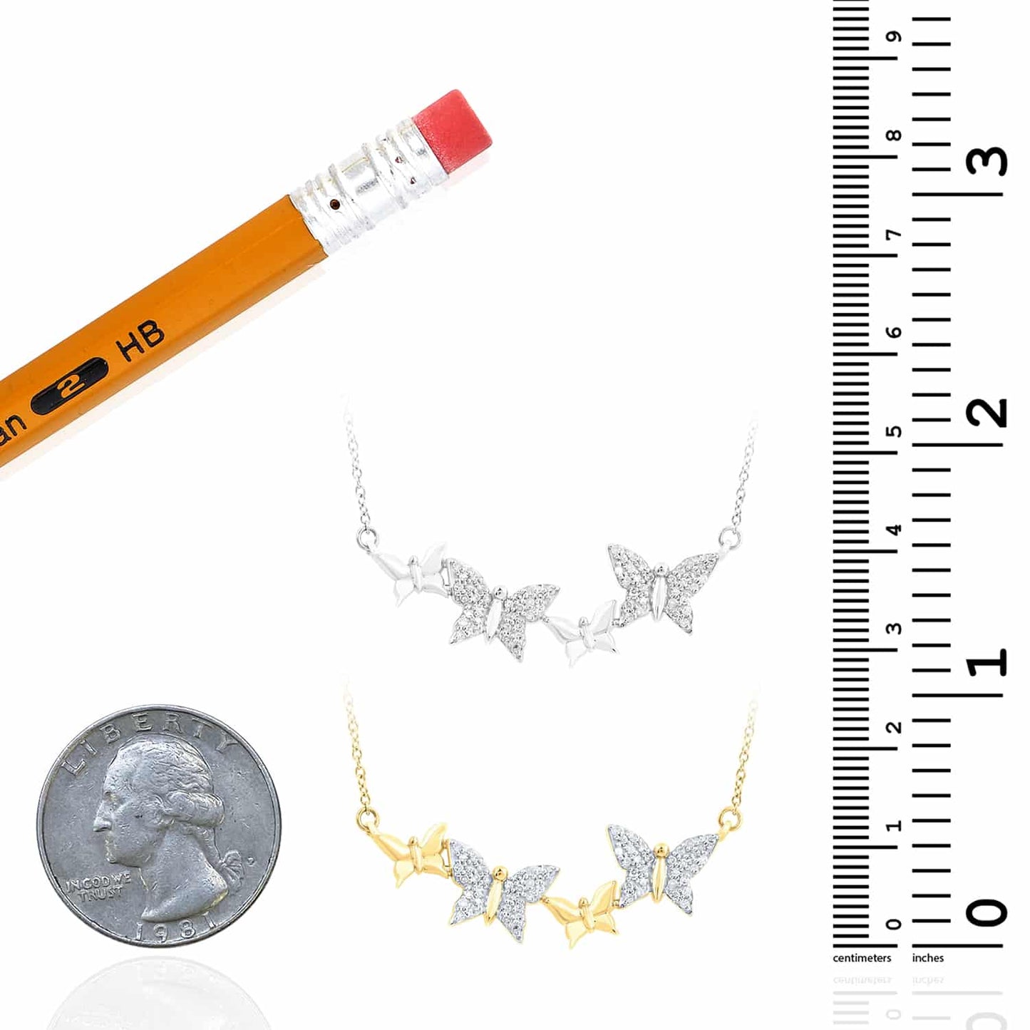 0.25CTW Real Diamond 10K Gold Yellow White Butterfly Pendant Necklace 18"