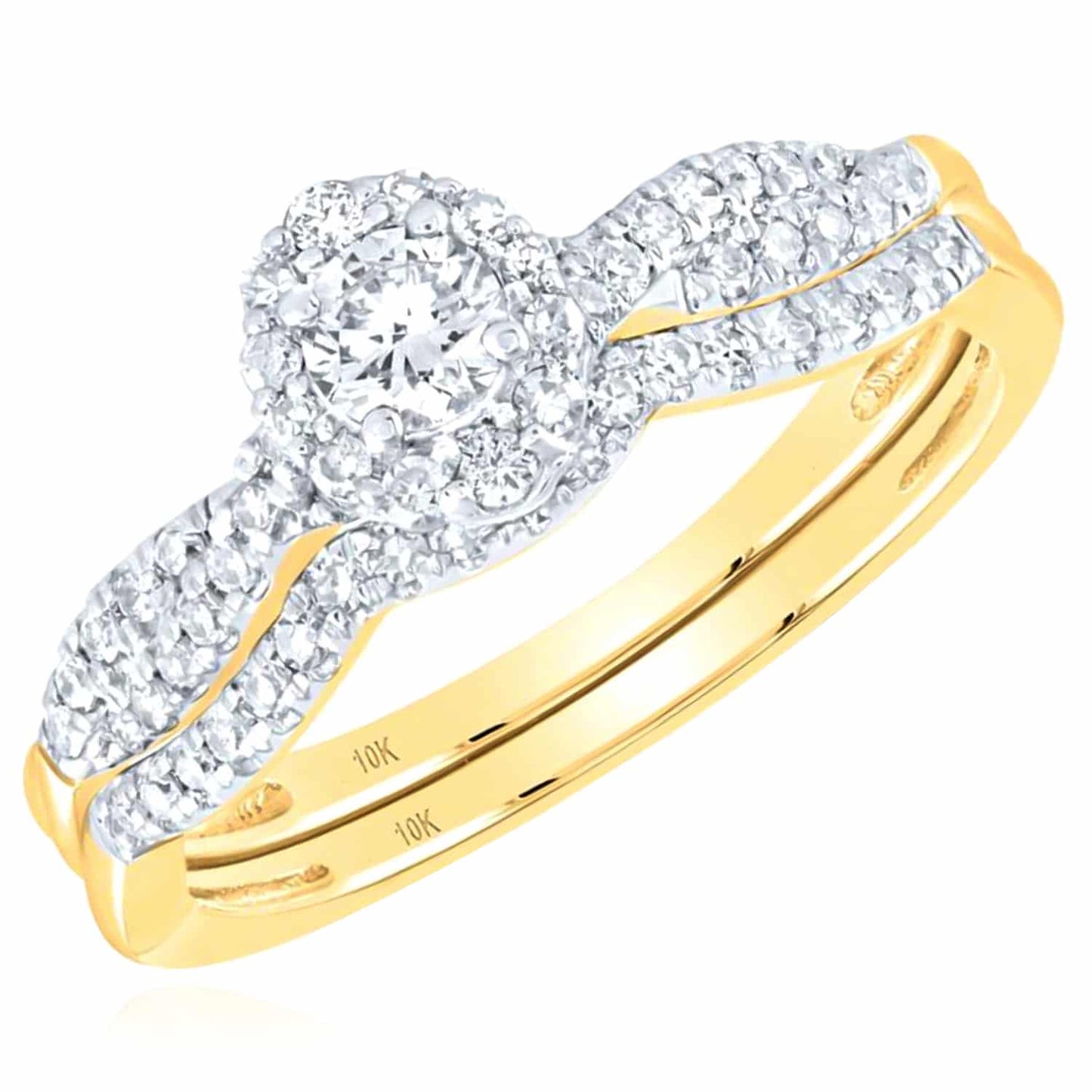 0.50CTW Real Diamond 10K Gold Yellow Twist Engagement Wedding Ring Set