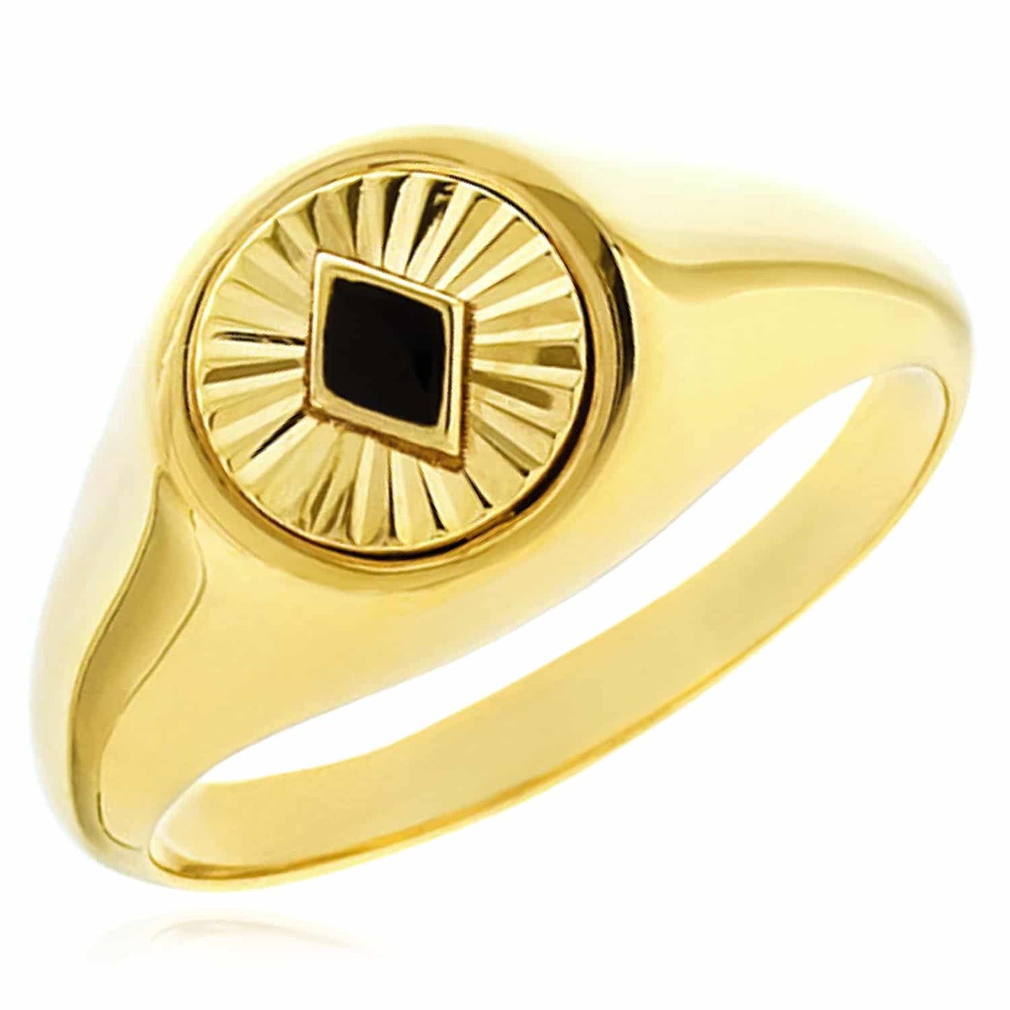 14K Real Gold Fluted Black Real Onyx Vintage-Inspired Signet Ring