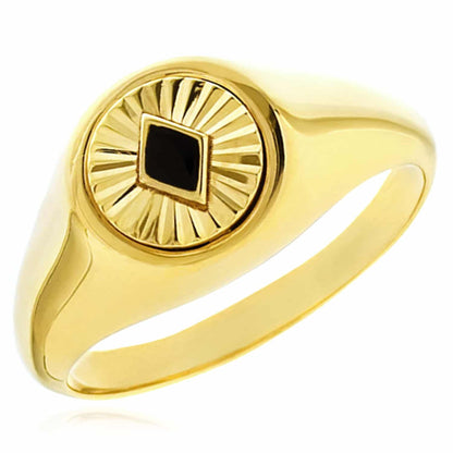 14K Real Gold Fluted Black Real Onyx Vintage-Inspired Signet Ring