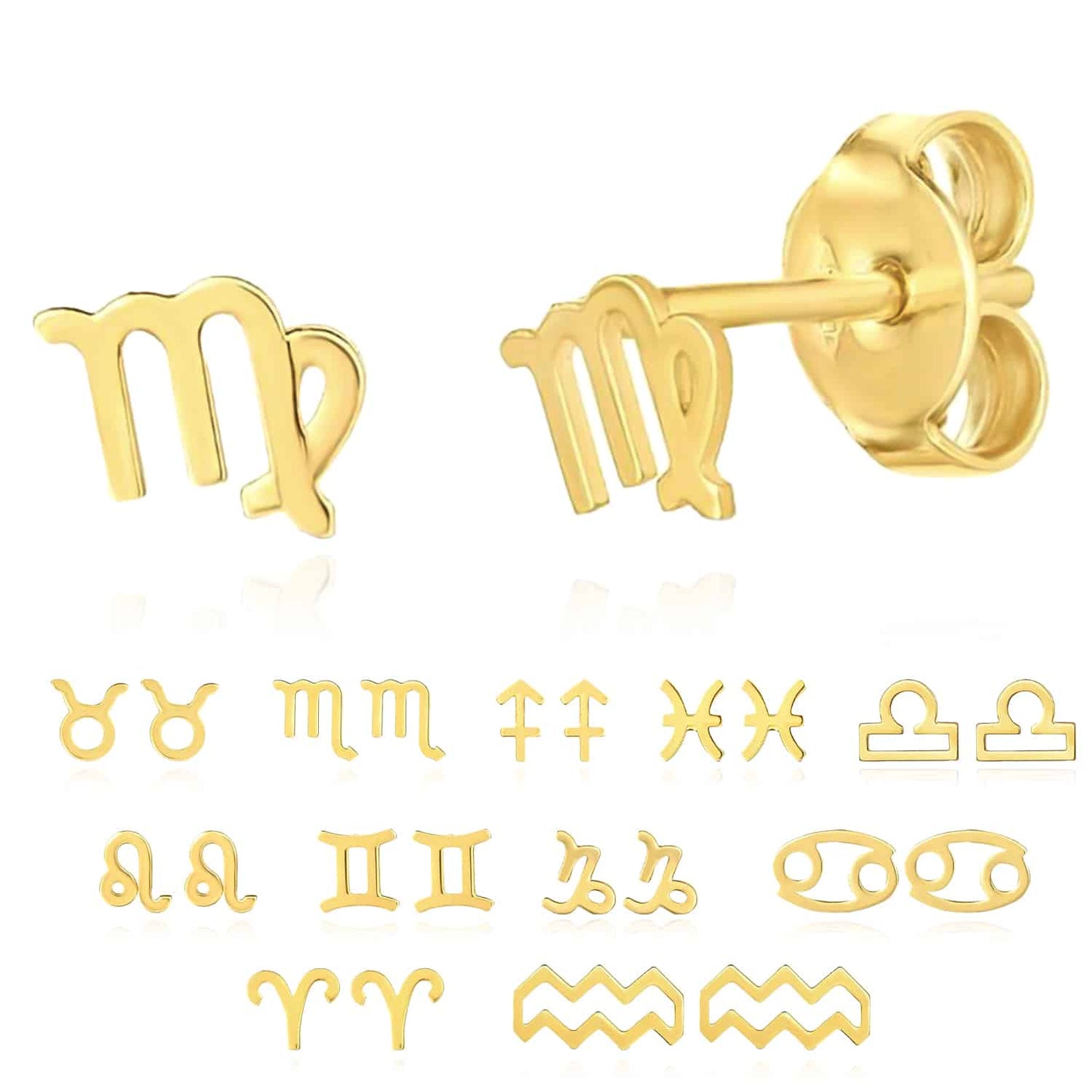 14K Real Gold Astrological Zodiac Sign Stud Push Back Earrings 5mm
