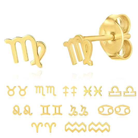 14K Real Gold Astrological Zodiac Sign Stud Push Back Earrings 5mm
