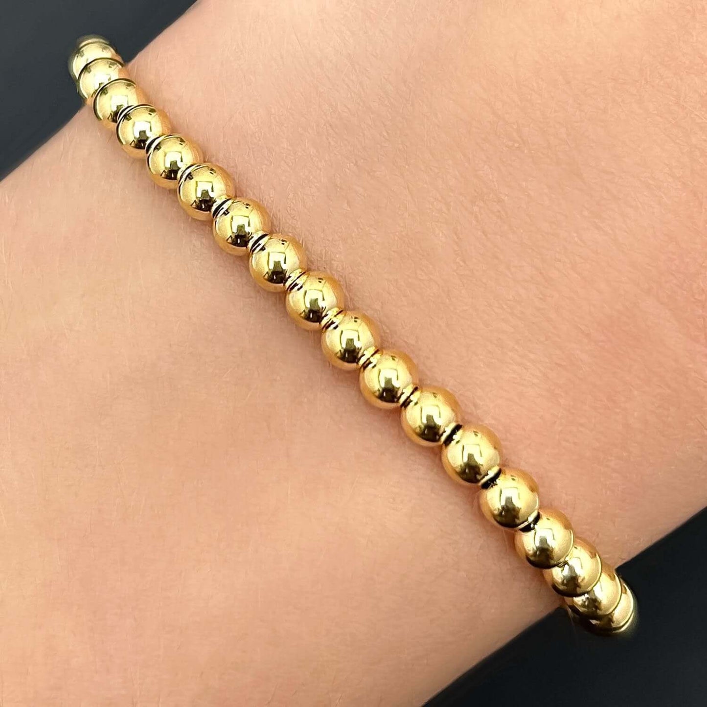 14K Real Gold Yellow 4mm Ball Beaded Bracelet 7"-8" Adjustable