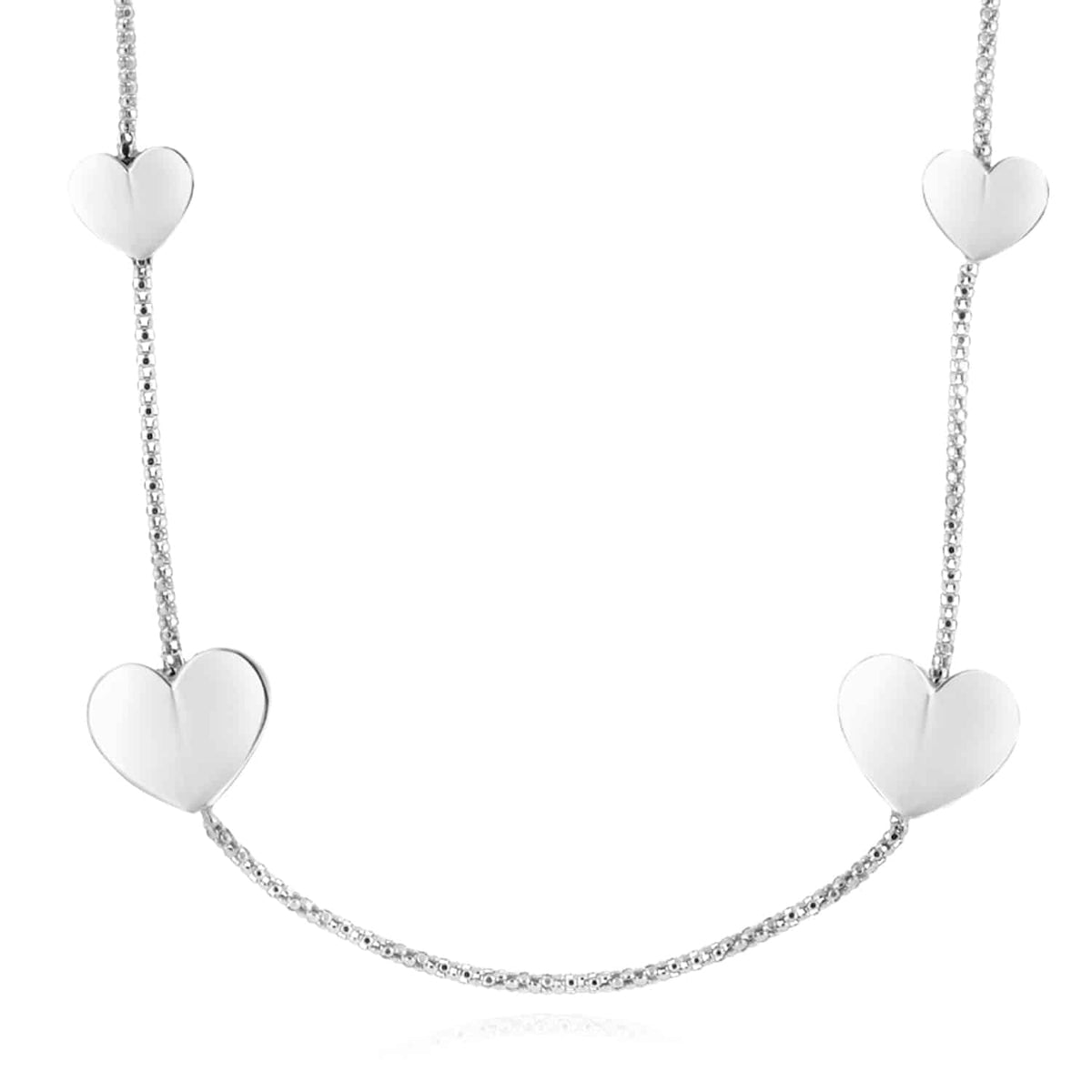 White Gold Over Sterling Silver Heart Lariat Station Charms Necklace (Solid Links) 16" - 18" Adjustable - WJD Exclusives