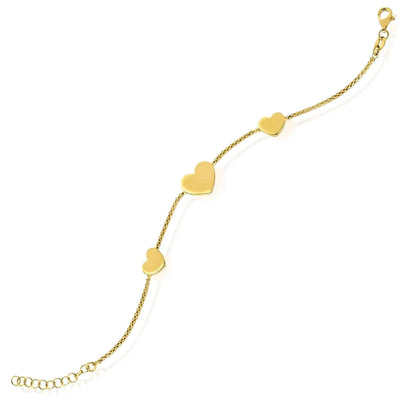 Yellow Gold Over Sterling Silver Heart Lariat Station Charms Bracelet (Solid Links) 7" - 8" Adjustable - WJD Exclusives