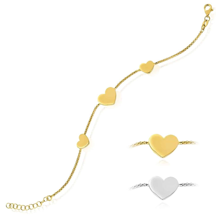 Yellow Gold Over Sterling Silver Heart Lariat Station Charms Bracelet (Solid Links) 7" - 8" Adjustable - WJD Exclusives