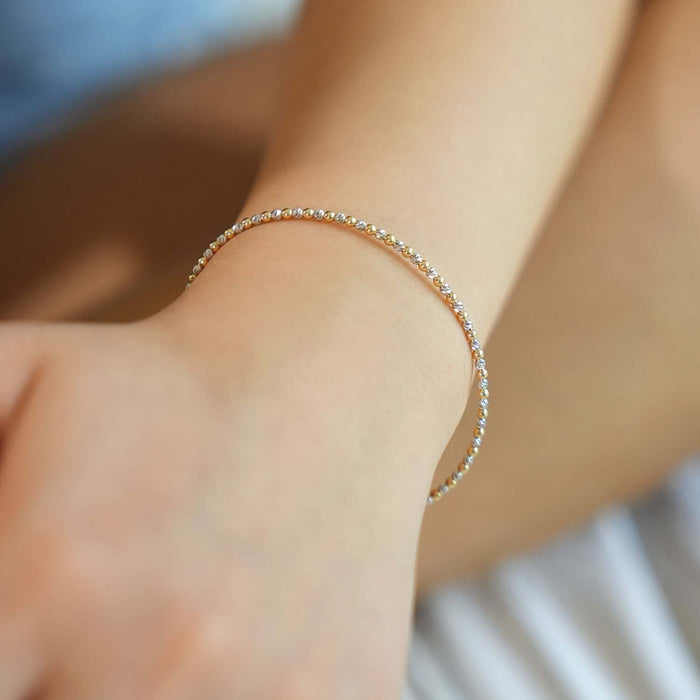 14K Yellow White Gold Two - Tone Bead Ball Bracelet (Solid Links) 7" - WJD Exclusives