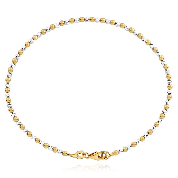 14K Yellow White Gold Two - Tone Bead Ball Bracelet (Solid Links) 7" - WJD Exclusives