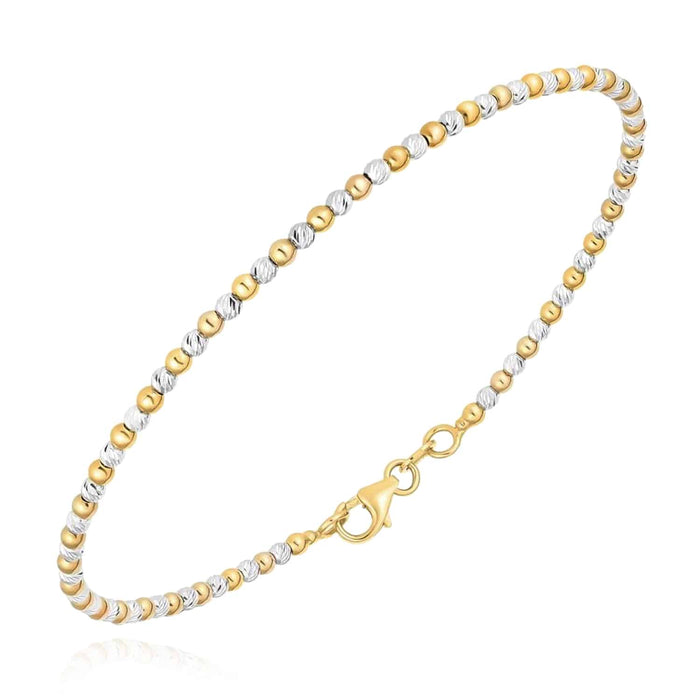14K Yellow White Gold Two - Tone Bead Ball Bracelet (Solid Links) 7" - WJD Exclusives