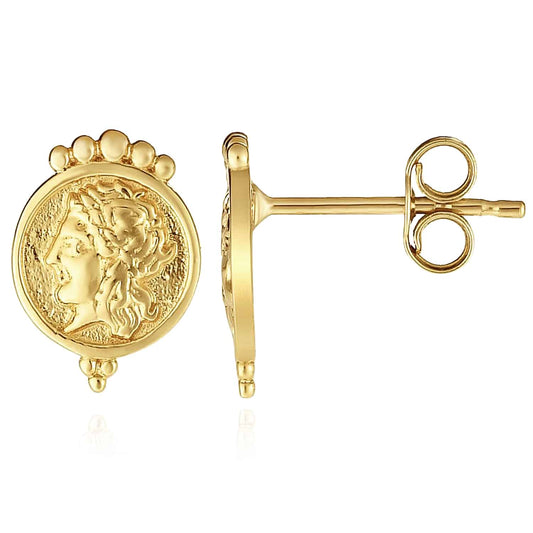 14K Real Gold Vintage-Inspired Roman Coin Stud Push Back Earrings 10mm