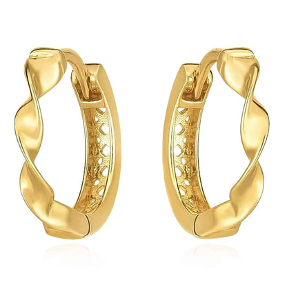 14K Real Gold Twisted Snap Huggie Hoop Earrings 14mm