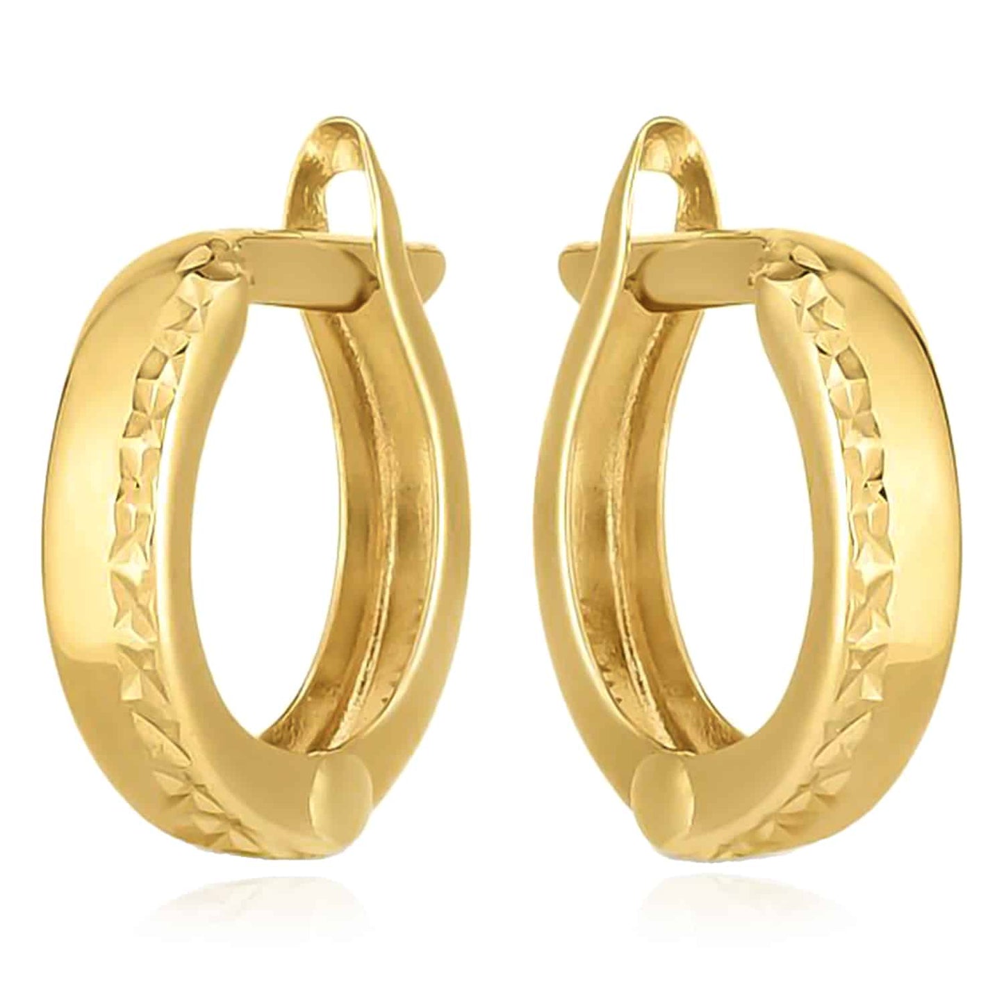 14K Real Gold Textured & Polished Dual Finish Huggie Hoop Earrings 10mm