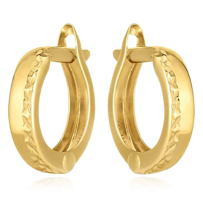 14K Real Gold Textured & Polished Dual Finish Huggie Hoop Earrings 10mm
