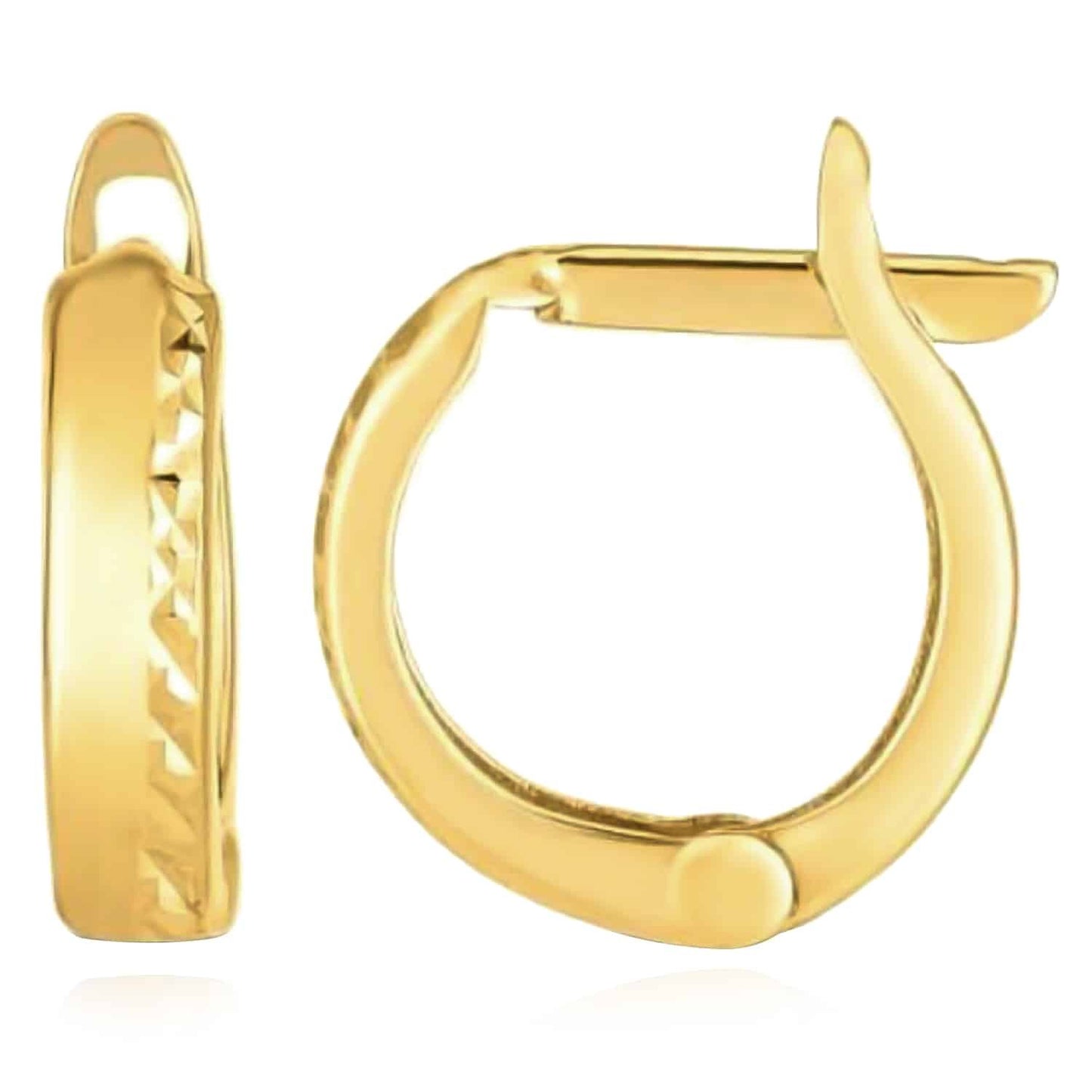 14K Real Gold Textured & Polished Dual Finish Huggie Hoop Earrings 10mm