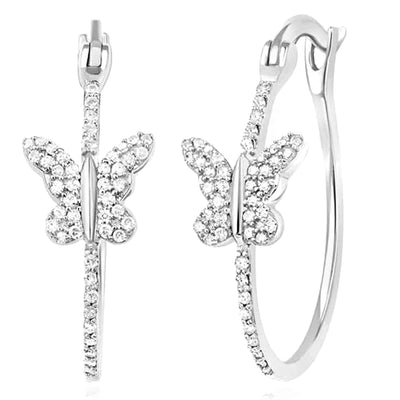 0.33CTW Natural Diamond Sterling Silver Butterfly Hoop Earrings 25.5mm - WJD Exclusives