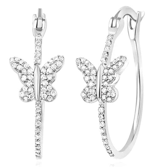 0.33CTW Real Diamond Sterling Silver Butterfly Hoop Earrings 25.5mm