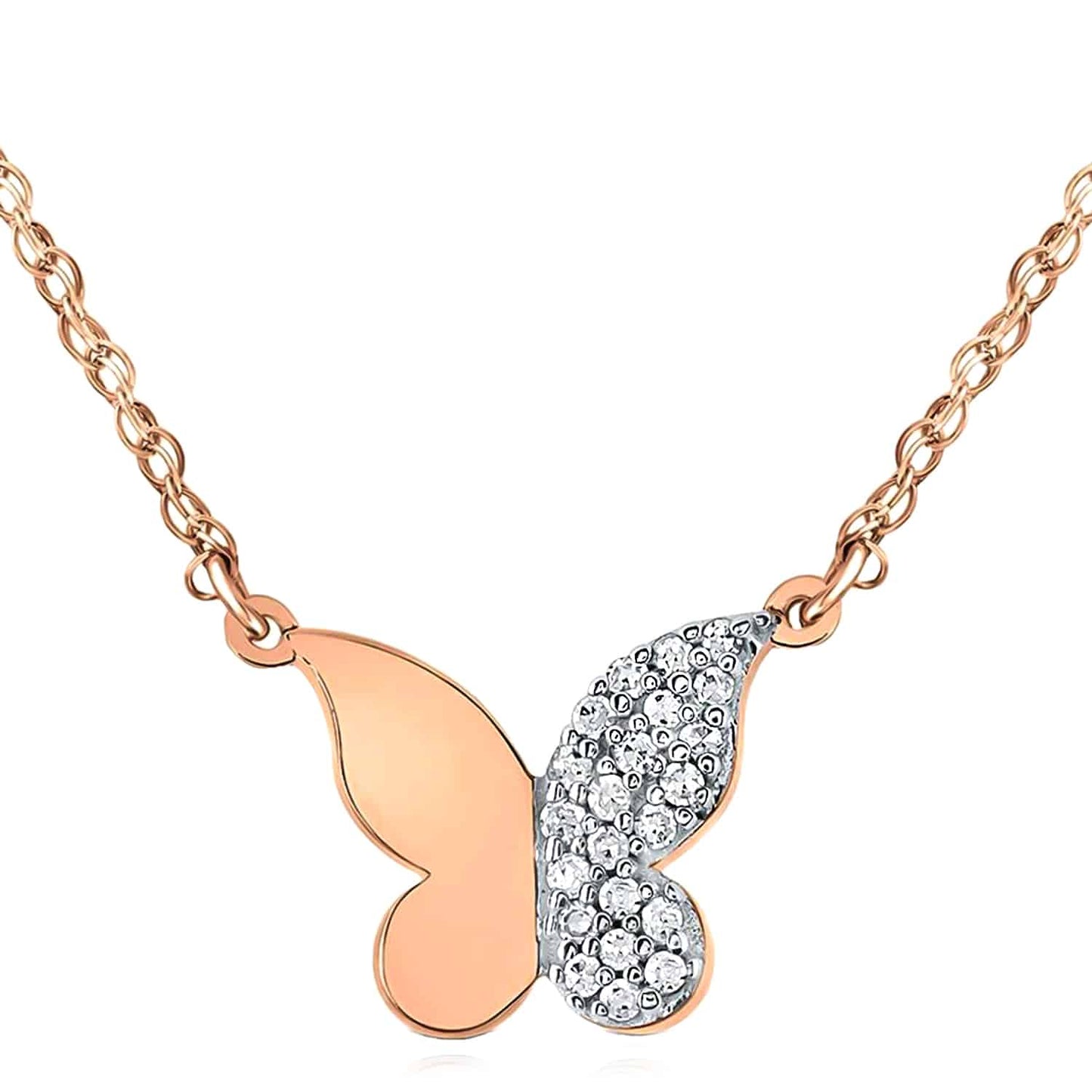 .12CTW Real Diamond 10K Gold Yellow White Rose Butterfly Pendant Necklace 18"