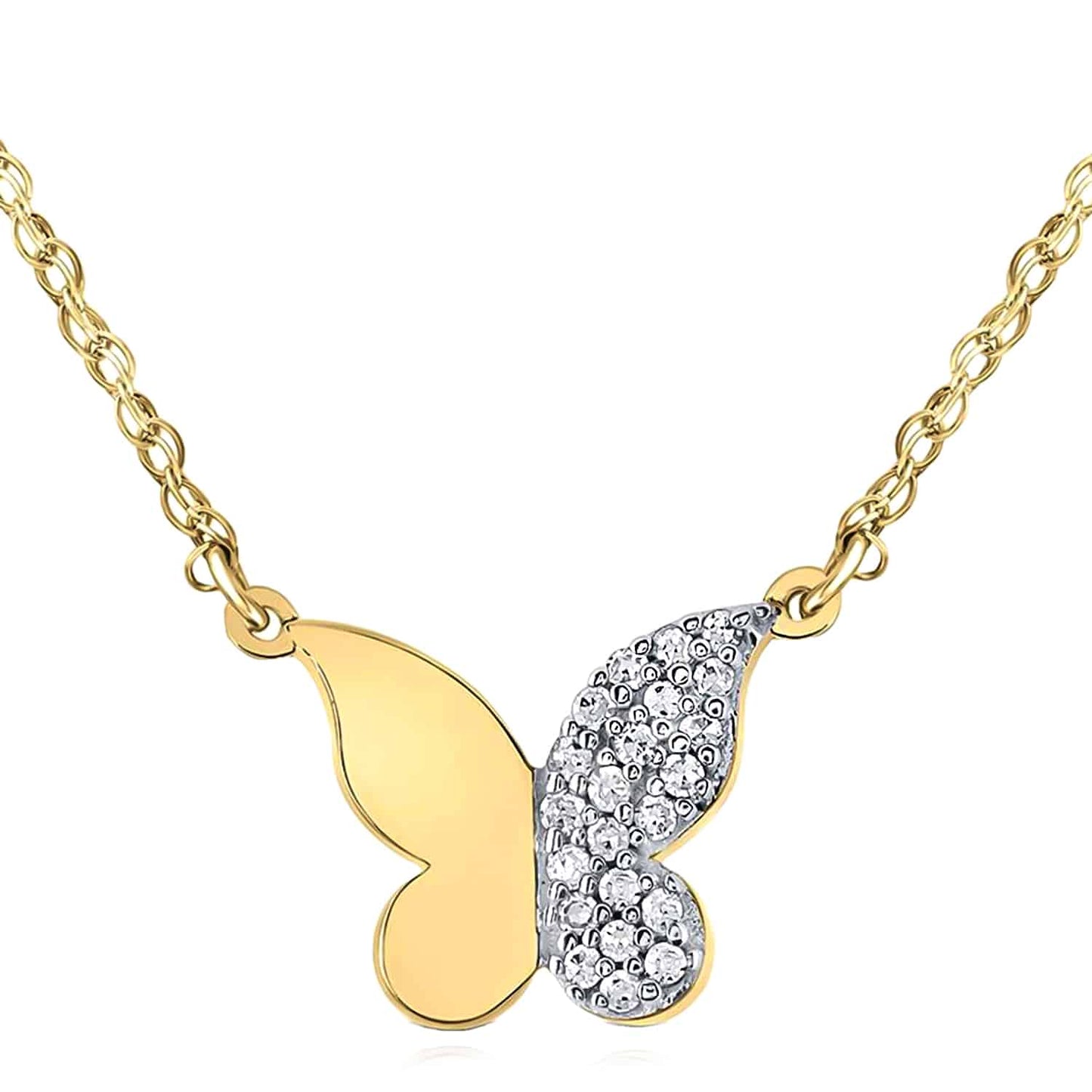 .12CTW Real Diamond 10K Gold Yellow White Rose Butterfly Pendant Necklace 18"