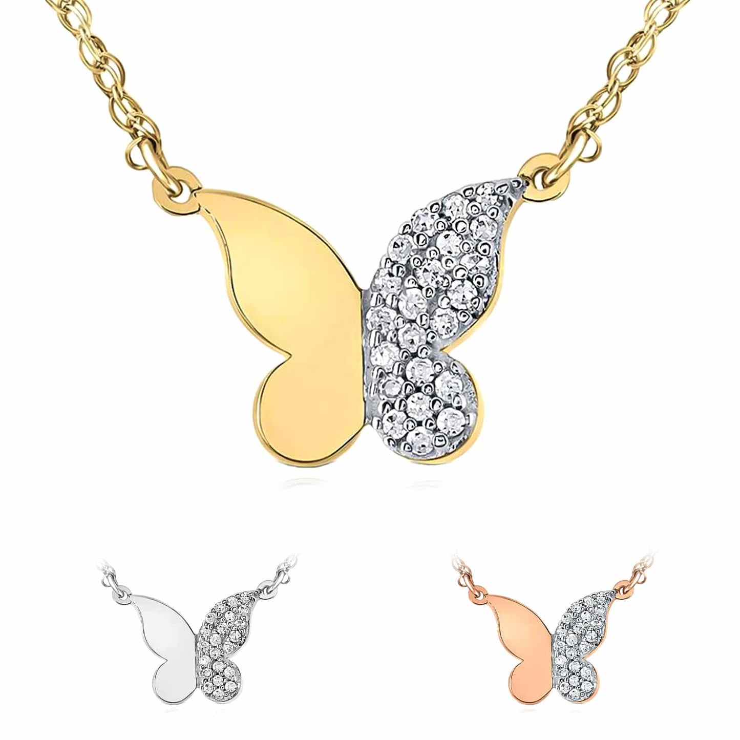 .12CTW Real Diamond 10K Gold Yellow White Rose Butterfly Pendant Necklace 18"